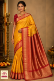 Golden Yellow & Red Pure Kanjivaram Handloom Silk Saree with Temple Border
