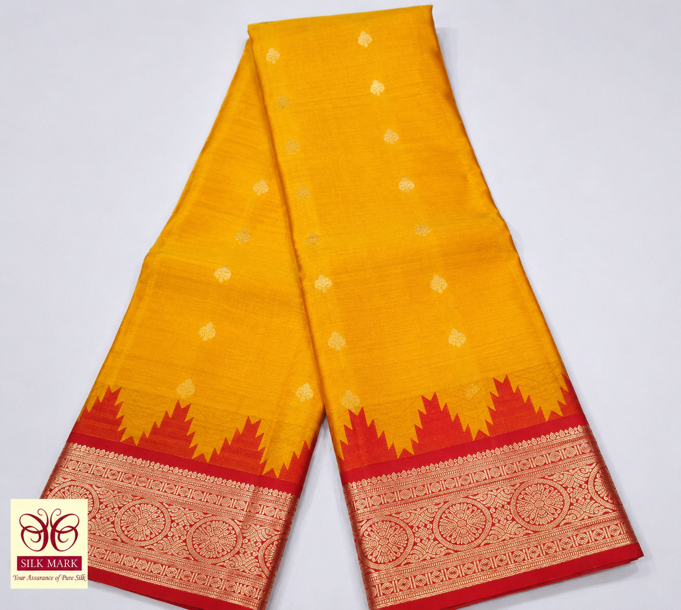 Golden Yellow & Red Pure Kanjivaram Handloom Silk Saree with Temple Border