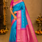 Turquoise Blue & Rani Pink Pure Kanjivaram Handloom Silk Saree with Temple Border