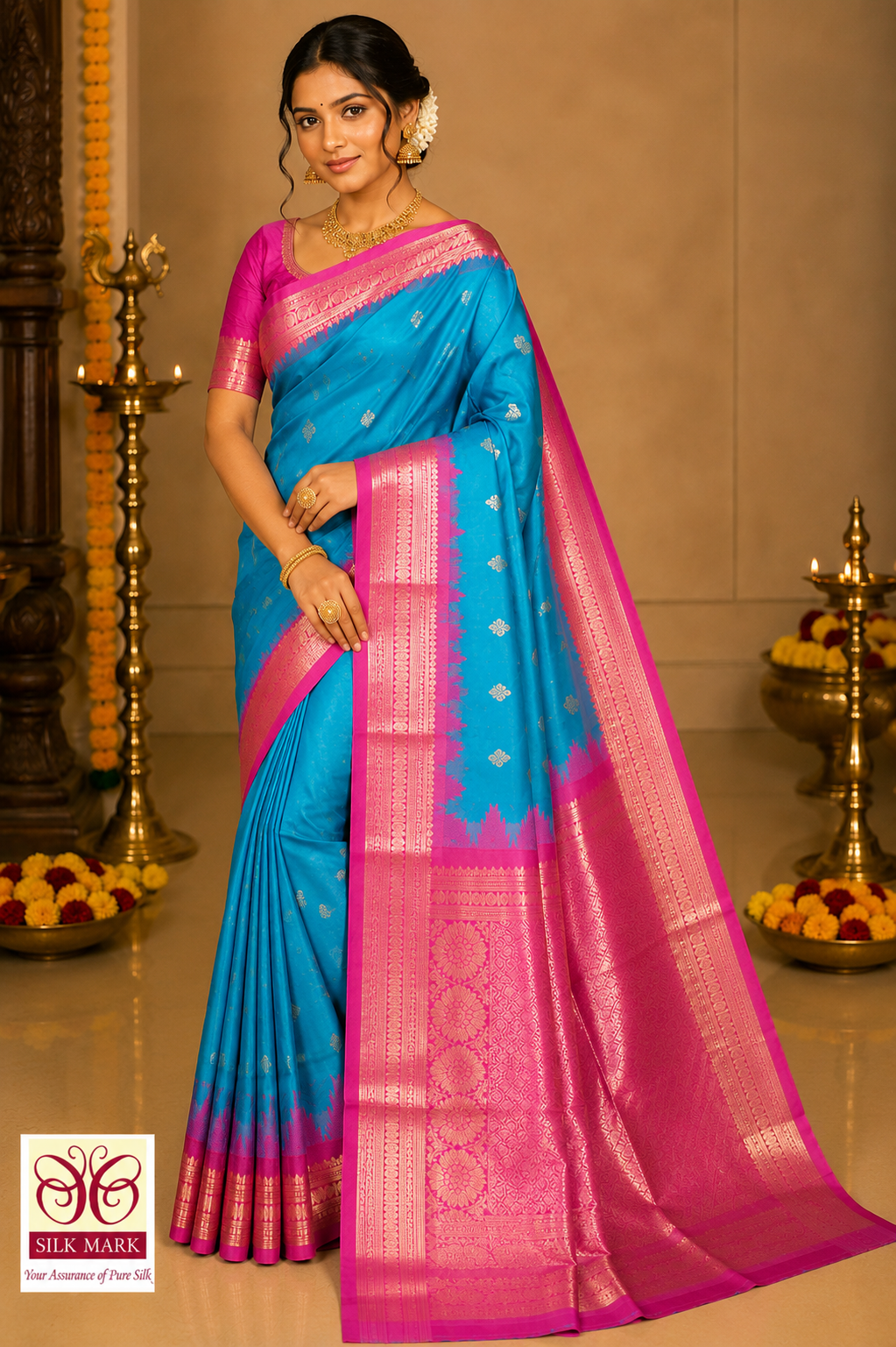 Turquoise Blue & Rani Pink Pure Kanjivaram Handloom Silk Saree with Temple Border