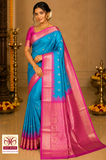 Turquoise Blue & Rani Pink Pure Kanjivaram Handloom Silk Saree with Temple Border
