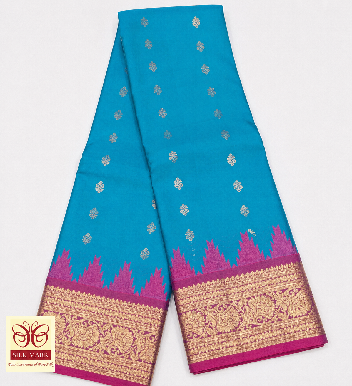 Turquoise Blue & Rani Pink Pure Kanjivaram Handloom Silk Saree with Temple Border