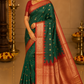 Emerald Green & Rust Red Pure Kanjivaram Handloom Silk Saree with Temple Border