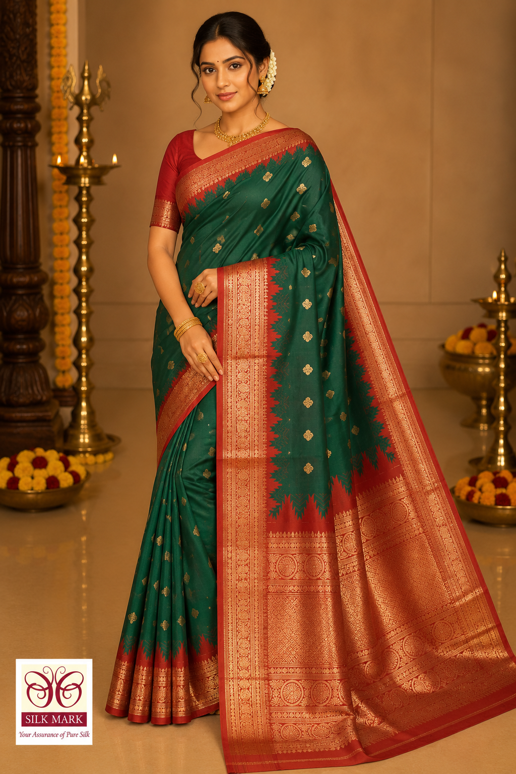 Emerald Green & Rust Red Pure Kanjivaram Handloom Silk Saree with Temple Border
