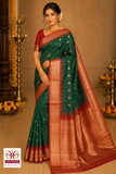 Emerald Green & Rust Red Pure Kanjivaram Handloom Silk Saree with Temple Border