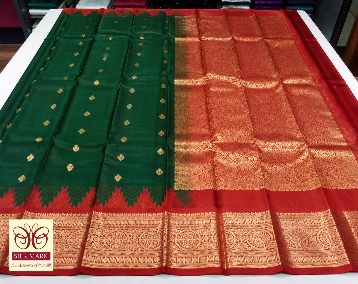 Emerald Green & Rust Red Pure Kanjivaram Handloom Silk Saree with Temple Border