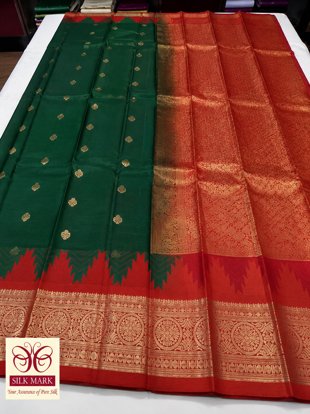 Emerald Green & Rust Red Pure Kanjivaram Handloom Silk Saree with Temple Border