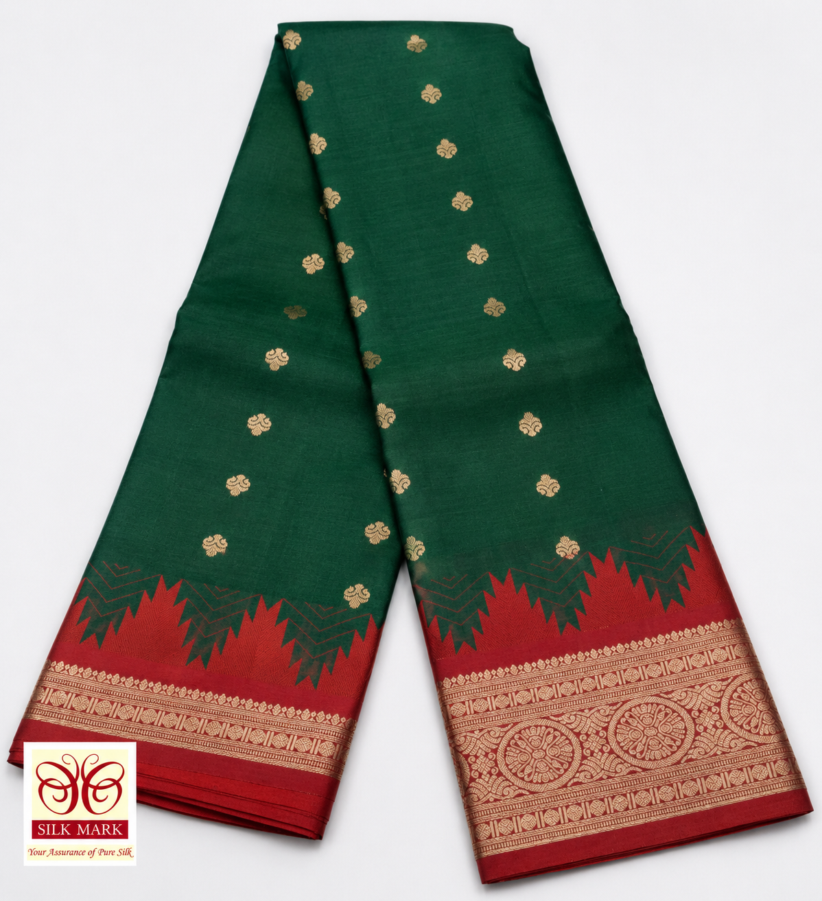 Emerald Green & Rust Red Pure Kanjivaram Handloom Silk Saree with Temple Border