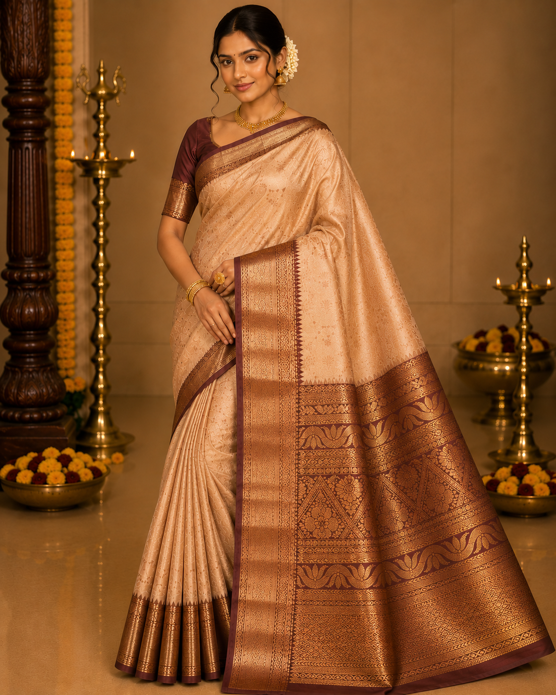 Champagne Beige & Antique Gold with Coffee Brown Border