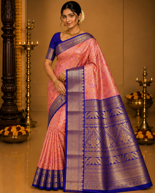 Peach Pink & Royal Blue with Rich Gold Zari