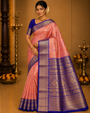 Peach Pink & Royal Blue with Rich Gold Zari