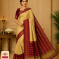 Pure Mysore Silk Saree in Beige Gold & Maroon Red with Traditional Zari Border