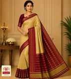 Pure Mysore Silk Saree in Beige Gold & Maroon Red with Traditional Zari Border