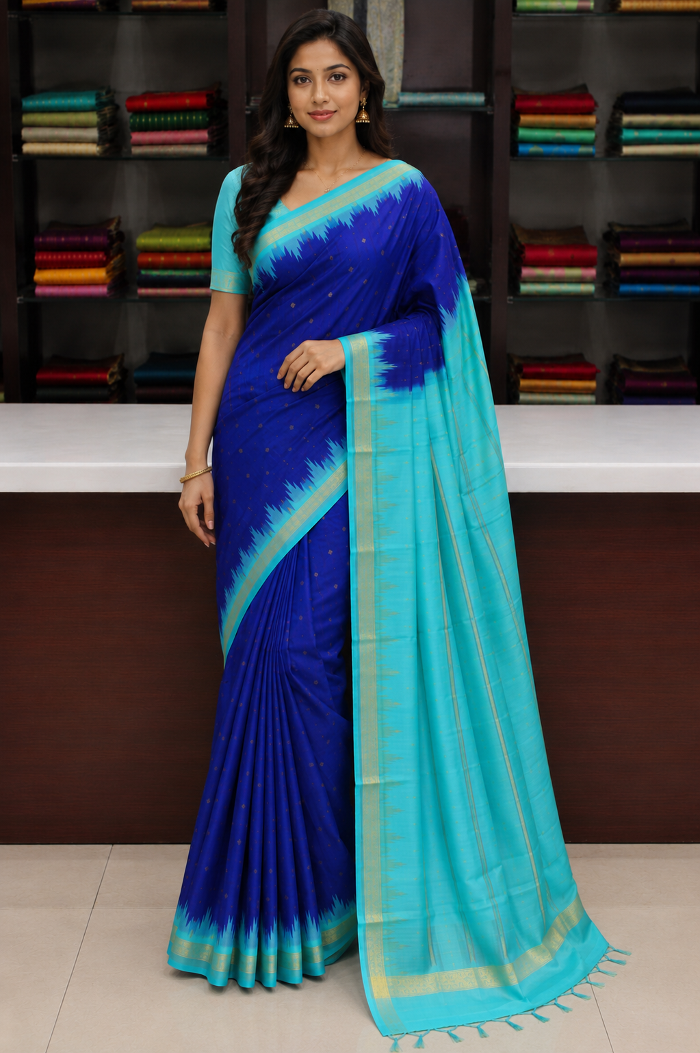 Blue & Aqua Light Blue Pure Silk Handloom Saree with Temple Border
