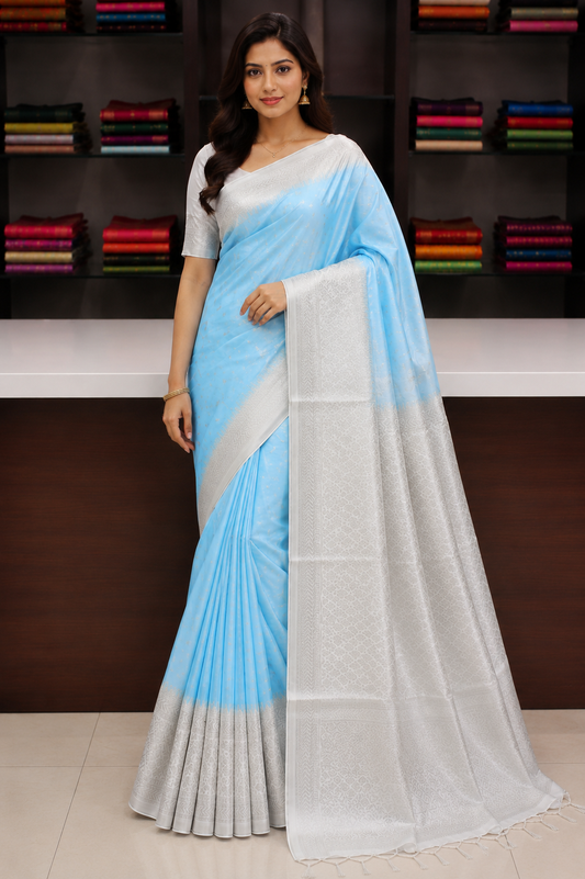 Sky Blue & Pearl White Pure Silk Handloom Saree with Rich Self Weaving