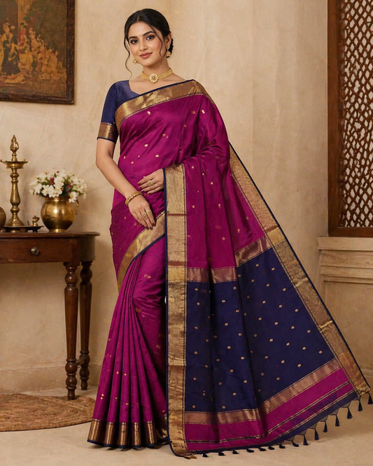 Pure Maheshwari Handloom Silk Saree in Magenta with Navy Blue Pallu & Gold Border