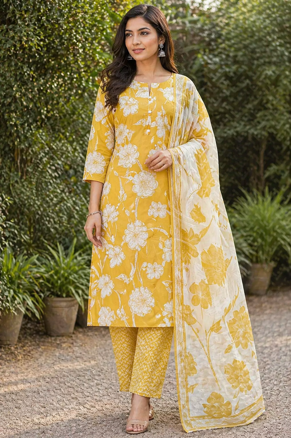 Vibrant Mustard Yellow Floral Printed Unstitched Salwar Suit with Dupatta