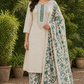 Elegant Cream & Green Embroidered Unstitched Salwar Suit with Floral Dupatta