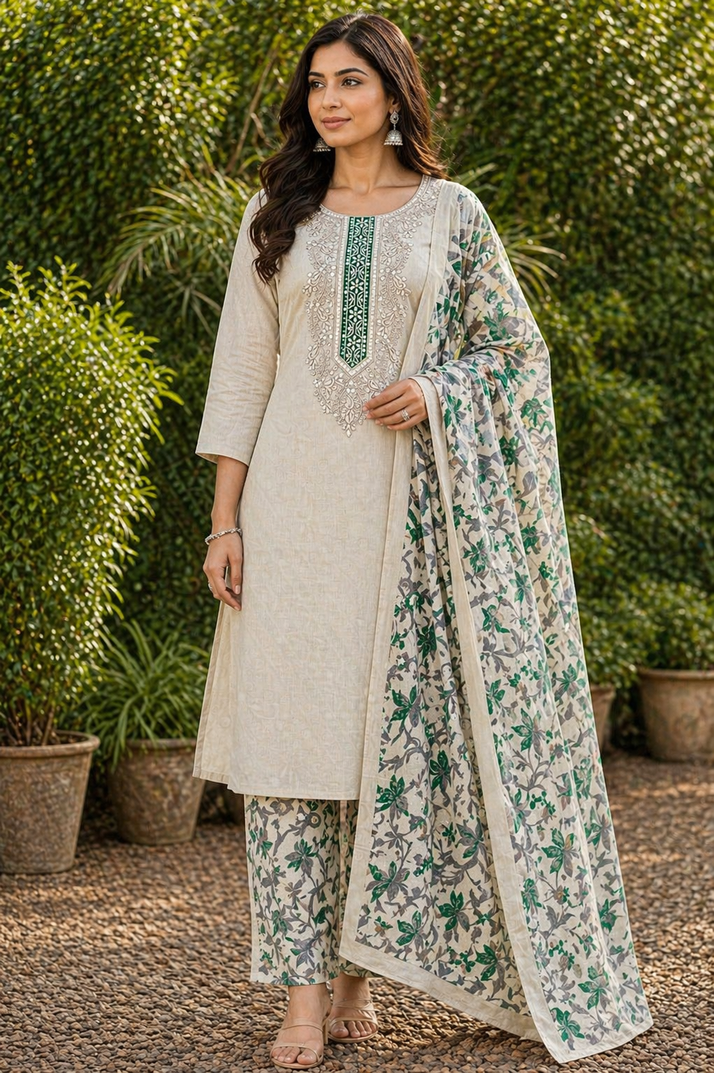 Elegant Cream & Green Embroidered Unstitched Salwar Suit with Floral Dupatta