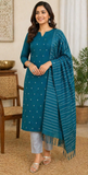 Elegant Teal Green Cotton Silk Unstitched Salwar Suit with Striped Dupatta