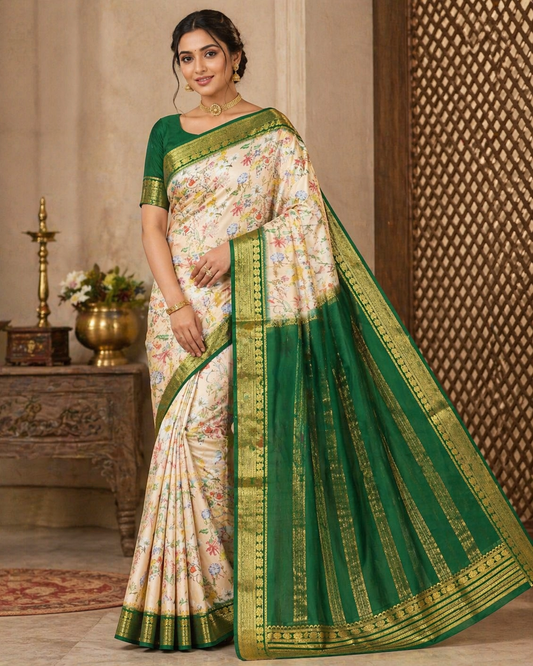 Mysore Silk Kalamkari Saree in Cream with Green Zari Pallu