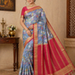 Mysore Silk Kalamkari Saree in Pastel Blue with Red Zari Border