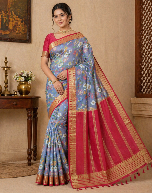 Mysore Silk Kalamkari Saree in Pastel Blue with Red Zari Border