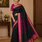 Pure Cotton Handloom Saree in Black with Rani Pink Border & Gold Motifs