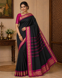 Pure Cotton Handloom Saree in Black with Rani Pink Border & Gold Motifs