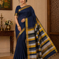 Pure Cotton Handloom Saree in Navy Blue with Gold Zari Border & Striped Pallu