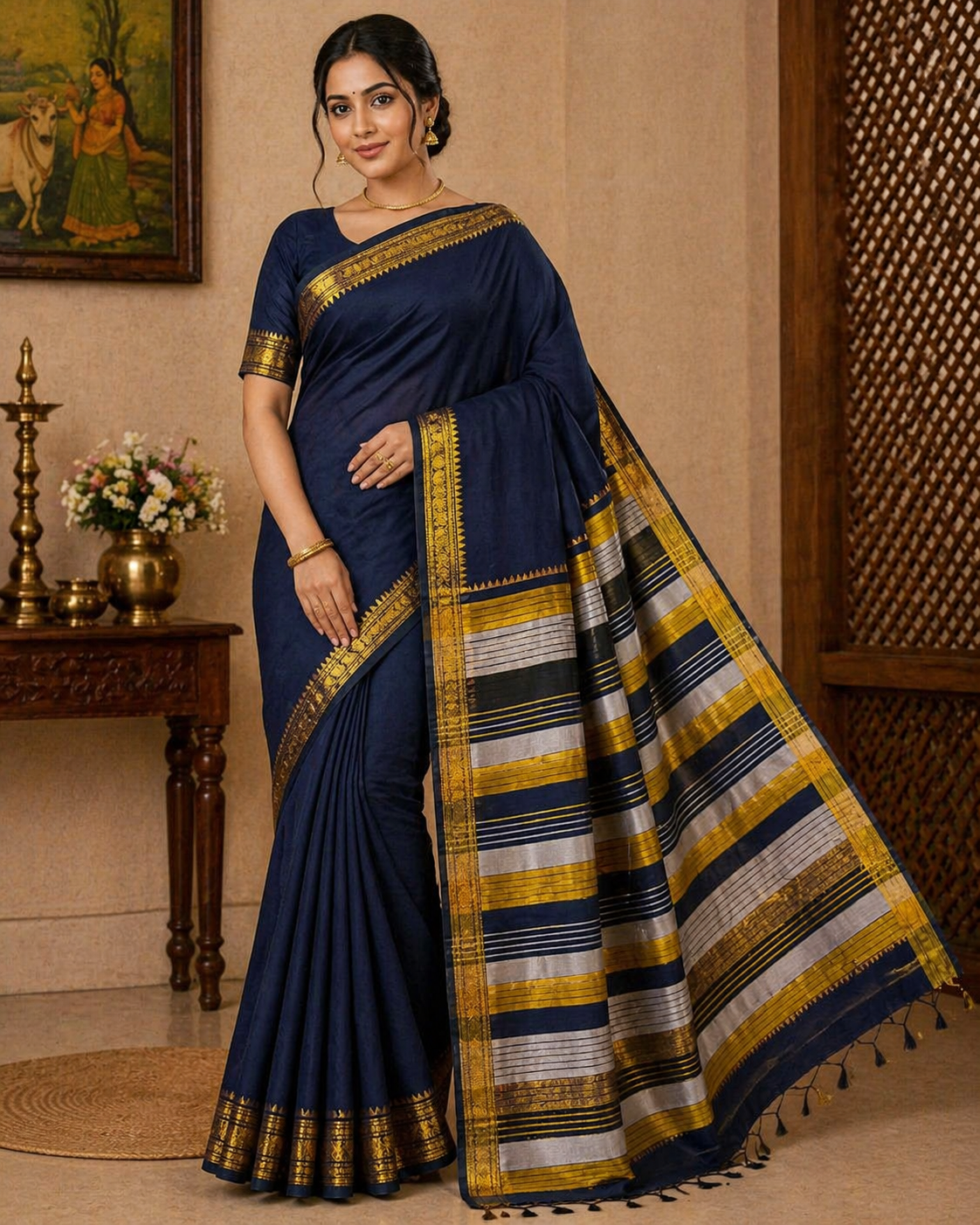 Pure Cotton Handloom Saree in Navy Blue with Gold Zari Border & Striped Pallu