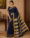 Pure Cotton Handloom Saree in Navy Blue with Gold Zari Border & Striped Pallu