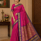 Royal Rani Pink & Blue Pure Cotton Handloom Saree with Elephant Zari Border