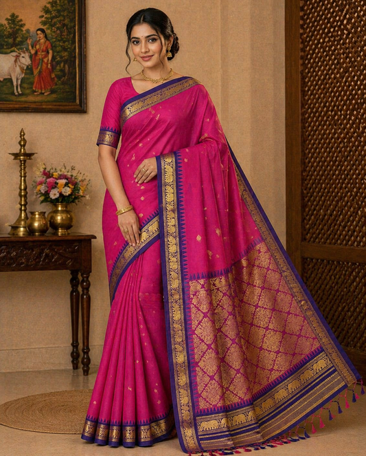 Royal Rani Pink & Blue Pure Cotton Handloom Saree with Elephant Zari Border