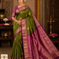 Pure Handloom Silk Kanjivaram Saree in Olive Green with Rich Magenta Zari Pallu
