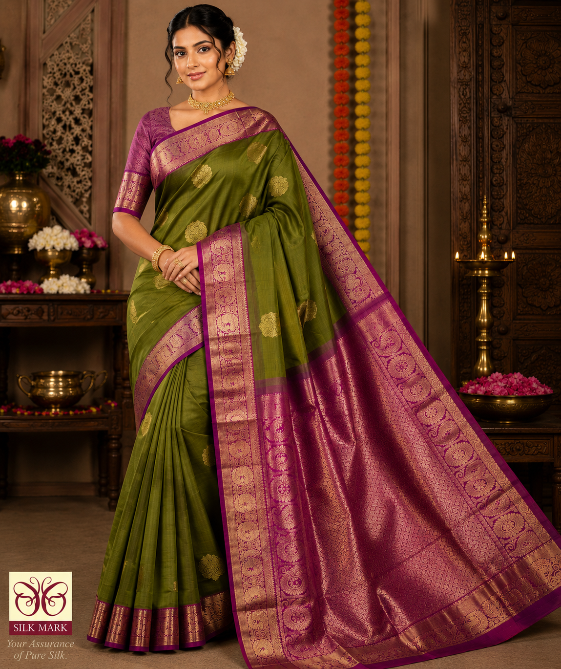 Pure Handloom Silk Kanjivaram Saree in Olive Green with Rich Magenta Zari Pallu