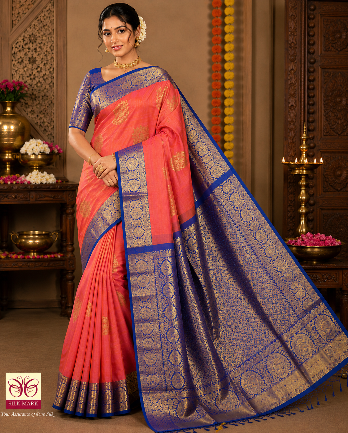 Dual Tone Saree in Coral Peach & Royal Blue with Rich Zari Pallu