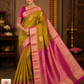 Kanjivaram Dual Tone Saree – Olive Gold Body with Rani Pink Rich Zari Pallu