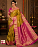 Kanjivaram Dual Tone Saree – Olive Gold Body with Rani Pink Rich Zari Pallu