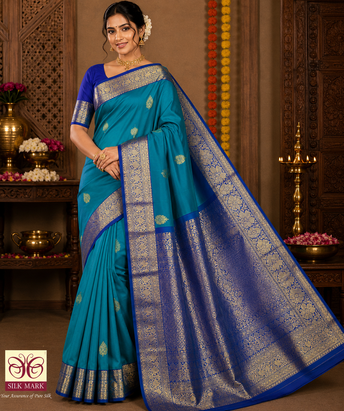 Kanjivaram Dual Tone Saree with Royal Blue Rich Zari Pallu & Traditional Buttas