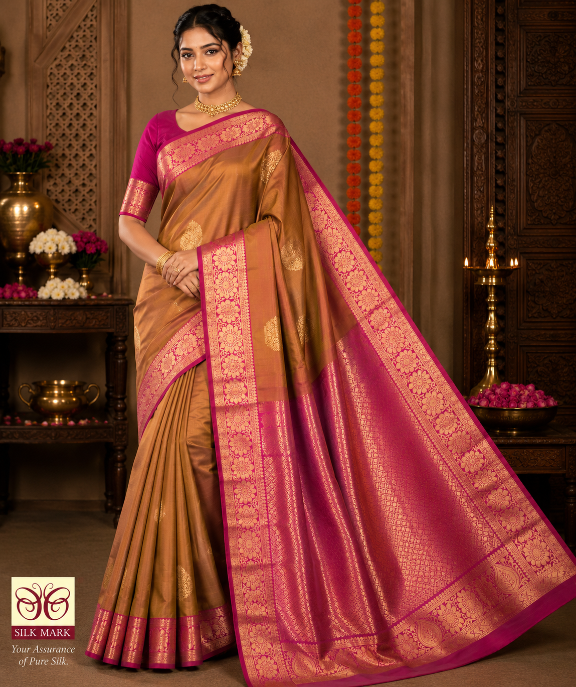 Kanjivaram Dual Copper Shade Saree with Rani Pink Rich Zari Pallu
