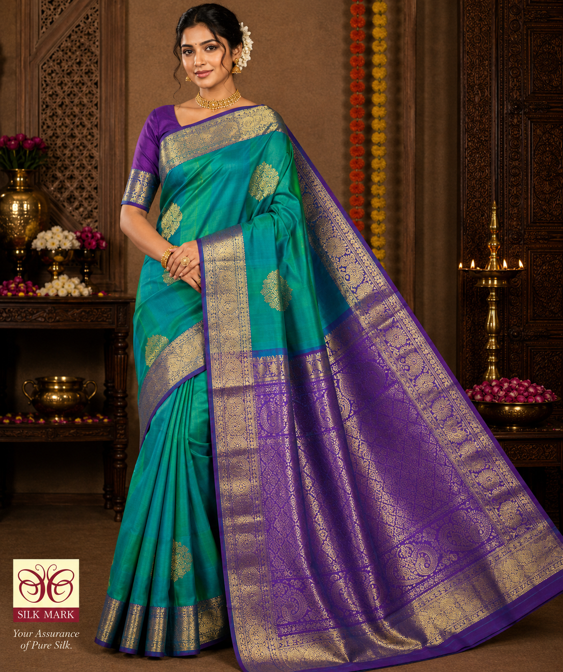 Dual Tone Saree – Emerald Green & Royal Violet with Rich Gold Zari Pallu
