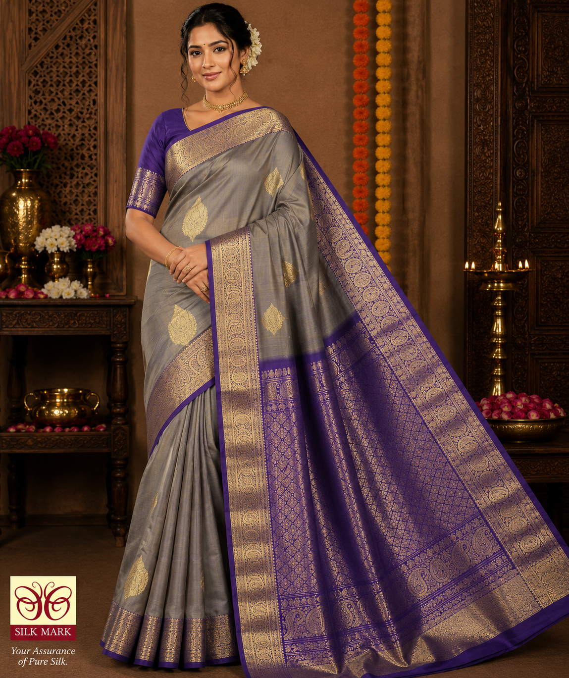 Dual Tone Saree – Silver Grey & Royal Violet with Rich Gold Zari Weaving