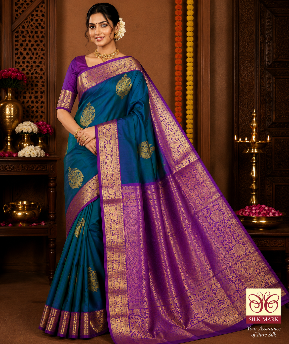 Dual Peacock Blue & Rani Purple Pure Handloom Silk Kanjivaram Saree
