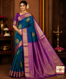 Dual Peacock Blue & Rani Purple Pure Handloom Silk Kanjivaram Saree