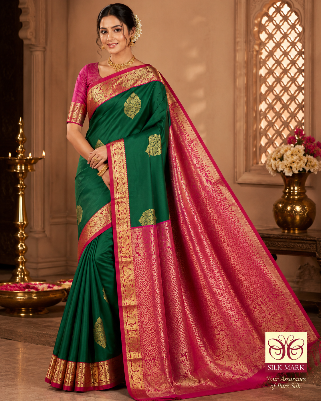 Kanjivaram Saree – Emerald Green & Rani Pink Dual Tone Elegance