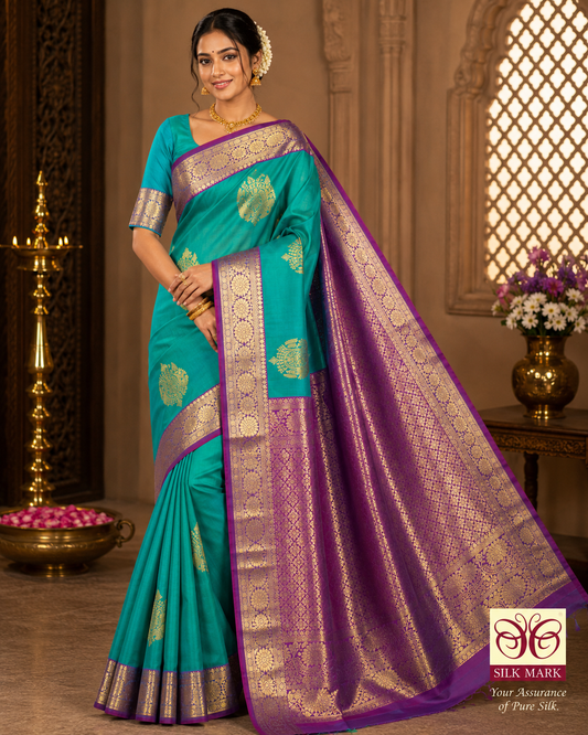Kanjivaram Saree – Aqua Green & Magenta Purple Dual Tone