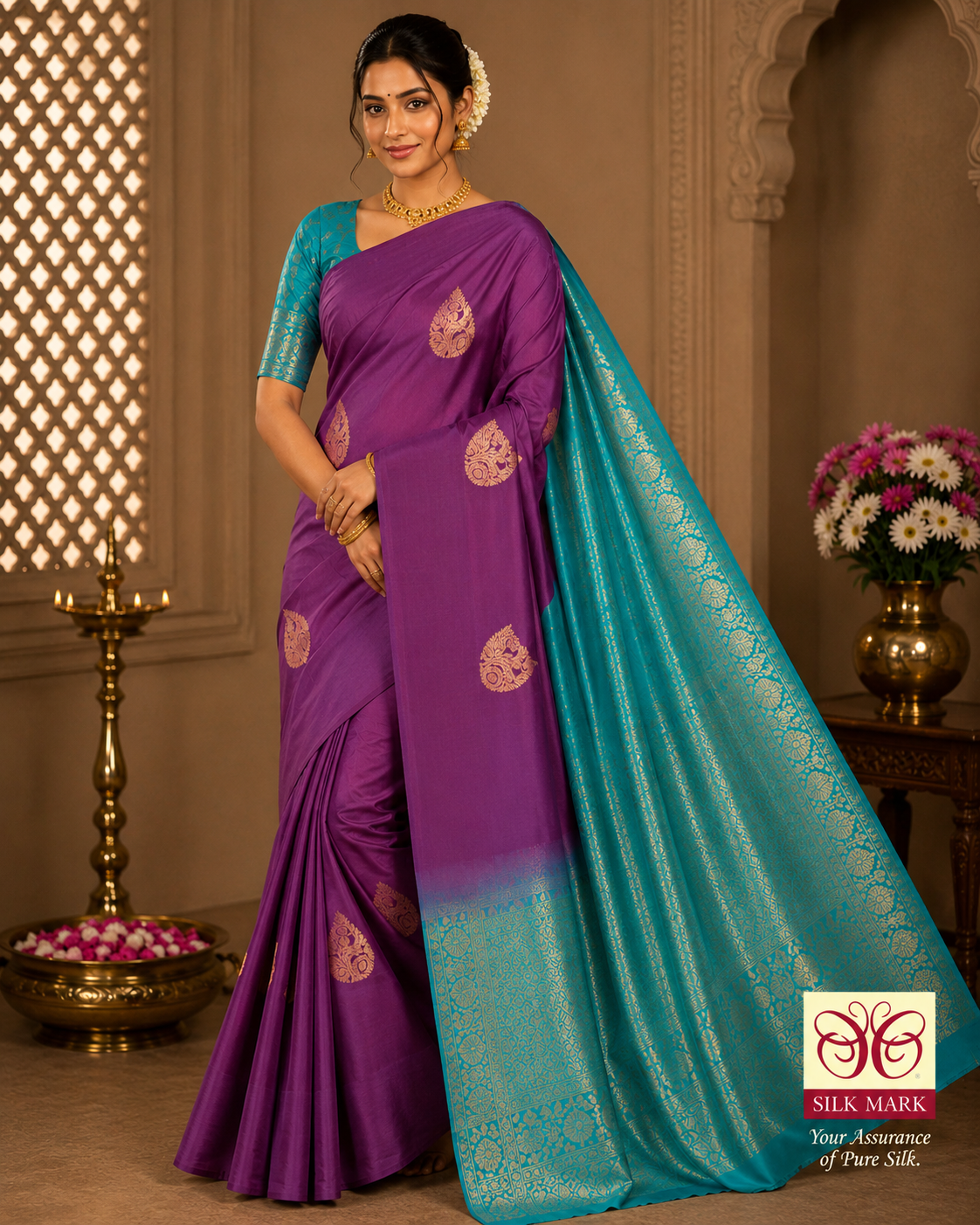 Kanjivaram Saree- Wine Purple & Aqua Turquoise with Rich Zari Pallu