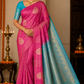 Kanjivaram Borderless Saree – Rani Pink & Aqua Blue with Elegant Zari