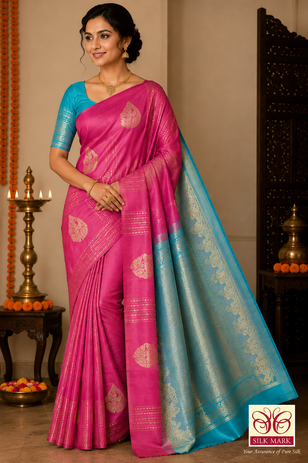 Kanjivaram Borderless Saree – Rani Pink & Aqua Blue with Elegant Zari